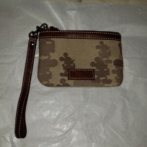 Dooney and Bourke Disney Mickey Wristlet/Pouch, Brown/Tan Canvas/ Leather Trim